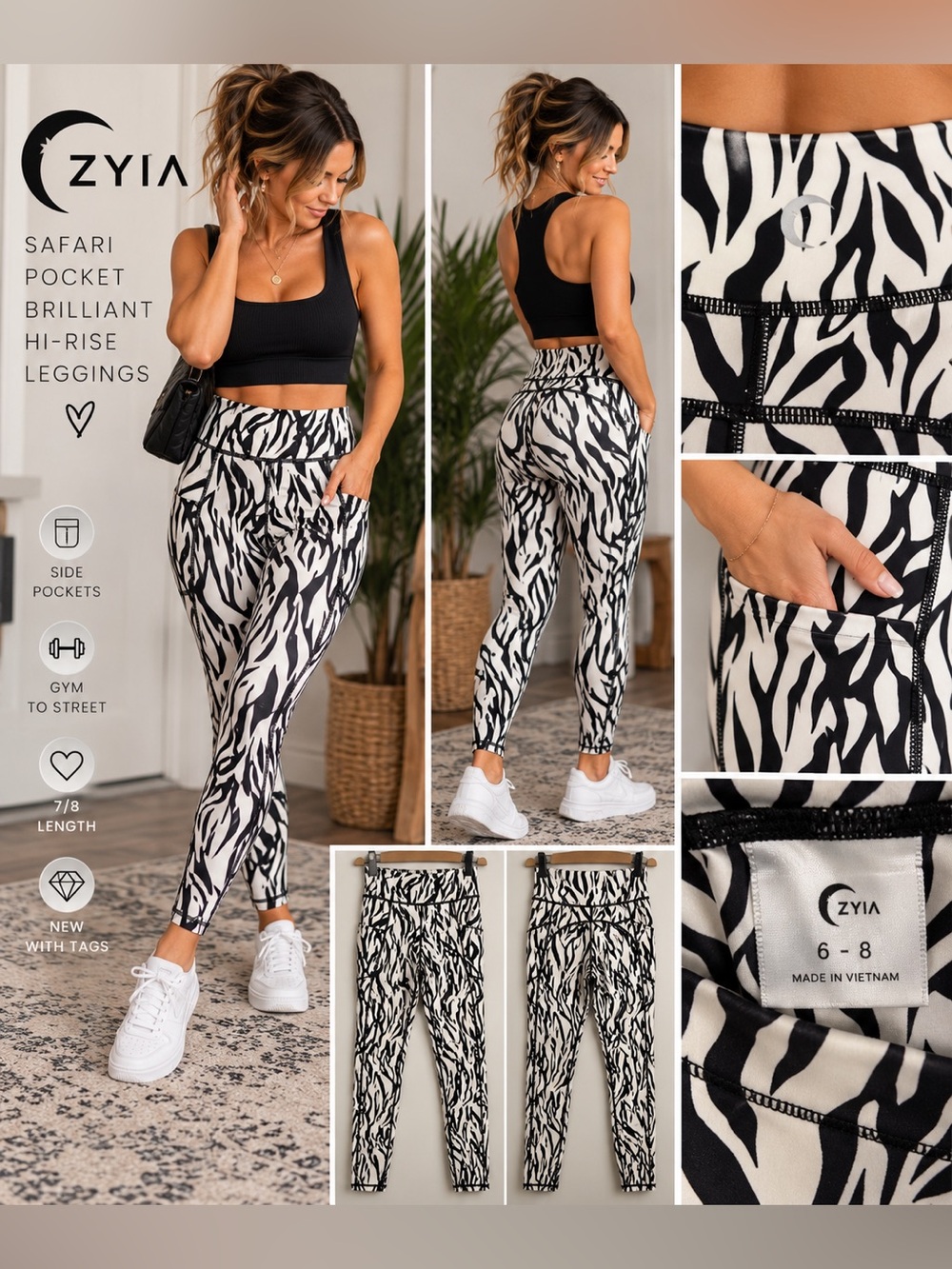NWT ZYIA Safari Pocket Brilliant Hi-Rise 7/8 Leggings 6-8 Zebra
